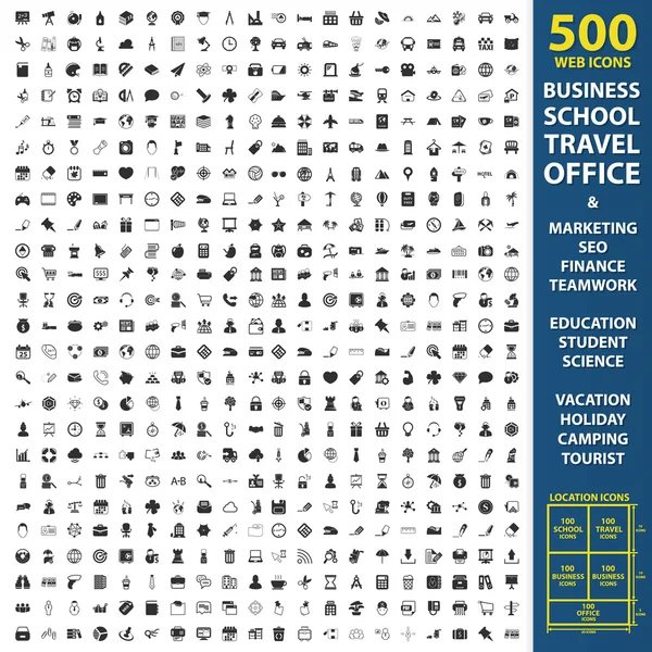 Negócios, escola, viagens definir 500 ícones simples pretos. Escritório, marketing, design de ícone seo para web e mobile . — Vetor de Stock