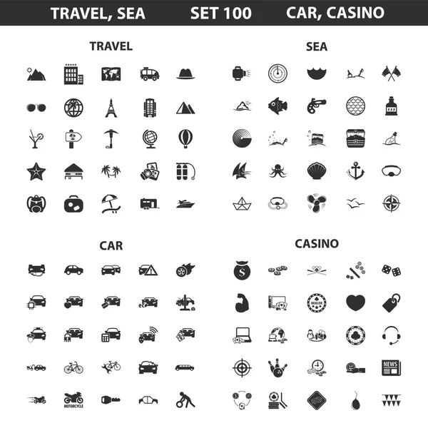 Travel, sea, casino set 100 black simple icons. Car, hotel icon design for web and mobile. — ストックベクタ