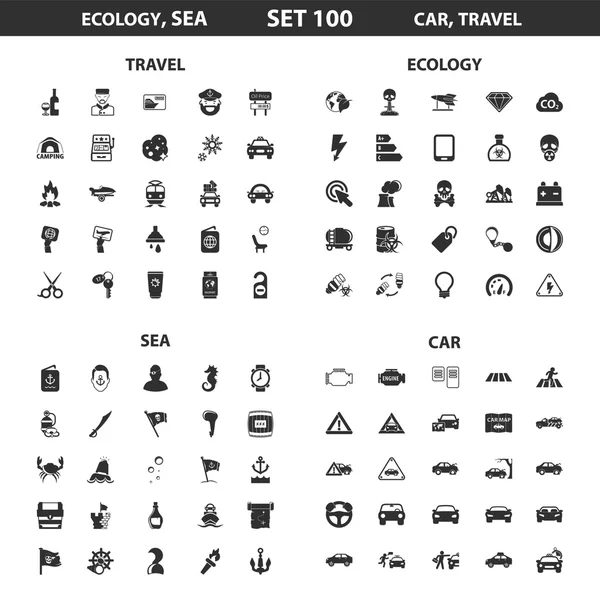 Ecology, sea set 100 black simple icons. Ocean, car icon design for web and mobile. — Stock Vector