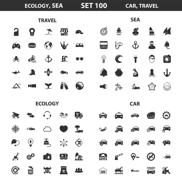 Ecology, sea set 100 black simple icons. Ocean, car icon design for web and mobile. — Stock Vector