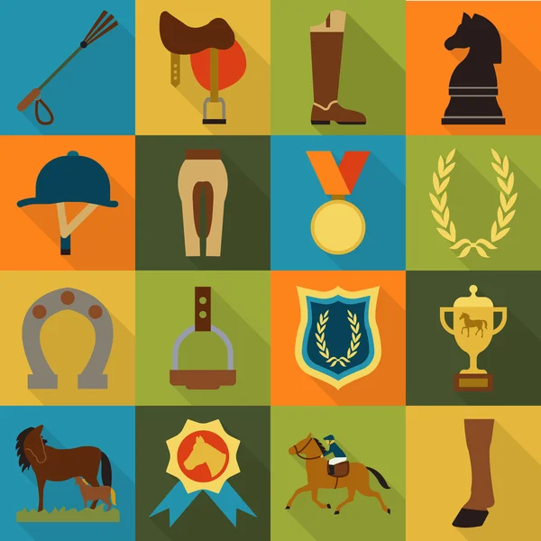 Horse, racing, racetrack 16 flat icons. Long shadow design for web. — Stockvector