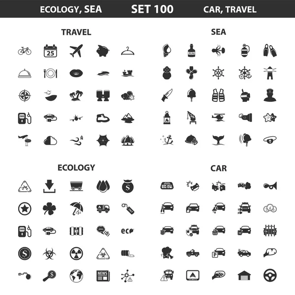 Экология, море установить 100 черных простых икон. Океан, дизайн автомобильных иконок для веб и мобильных устройств . — стоковый вектор