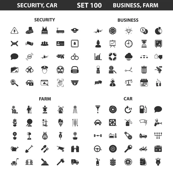 Security,car set 100 black simple icons.Business, farm icon design for web and mobile. — Stockový vektor