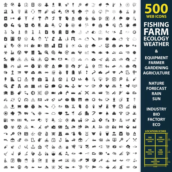 Pesca, granja, ecología conjunto 500 iconos negros simples. Equipo, agricultor, diseño de iconos de jardinería para web y móvil . — Vector de stock