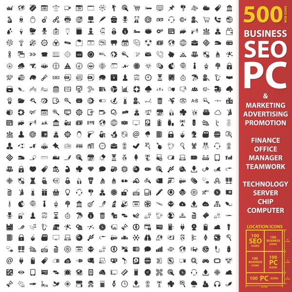 Business, seo, pc ensemble 500 icônes simples noires. Marketing, publicité, conception d'icône de promotion pour le web et le mobile . — Image vectorielle