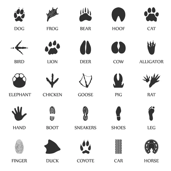 Animal tracks set 25 black simple icons. Animal, car, human print icon design for web and mobile. — Stock Vector