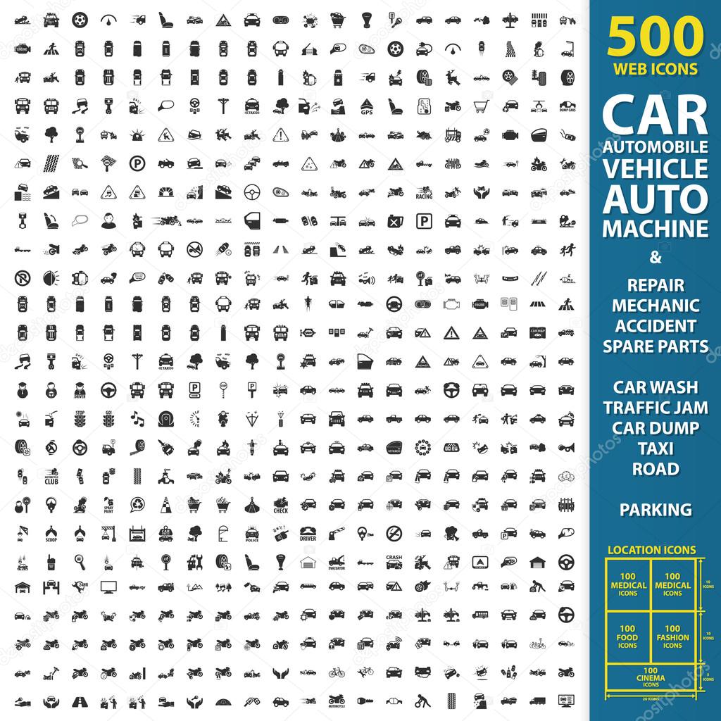 car, automobile, vehicle set 500 black simple icons. Auto, machine, repair, mechanic  icon design for web and mobile.