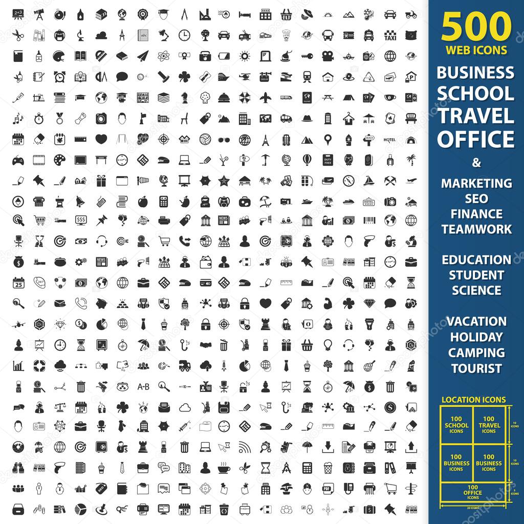 Business, school, travel set 500 black simple icons. Office, marketing, seo icon design for web and mobile.