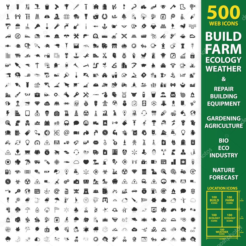 build,farm,ecology,weather set 500 black simple icons. Repair,building,gardening,agriculture,bio, eco, nature icon design for web and mobile.