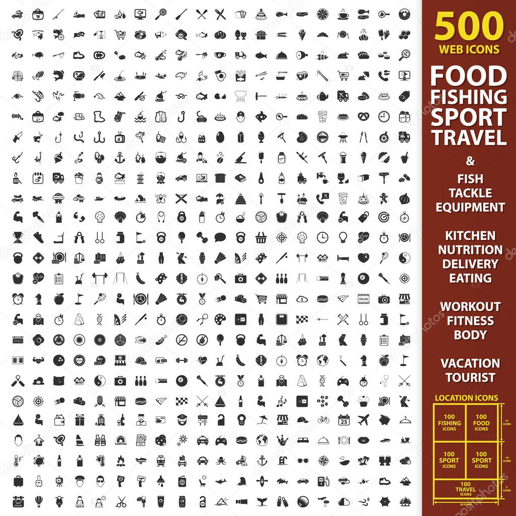 Food, fishing, sport set 500 black simple icons. Equipment, kitchen, nutrition icon design for web and mobile.