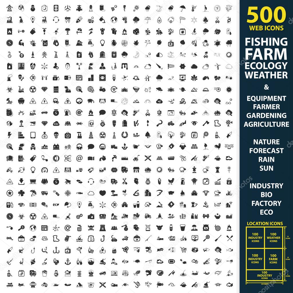 Fishing, farm, ecology set 500 black simple icons. Equipment, farmer, gardening icon design for web and mobile.