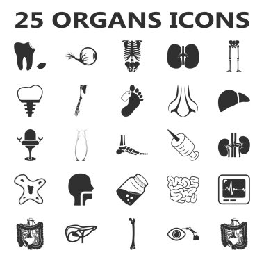 Organs set 25 black simple icons. Body, anatomy, medical icon design for web and mobile.