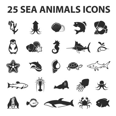 Sea, animal, fish 25 black simple icons. New collection of 25 modern fish , shark, whale icons 