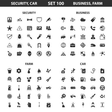 Security,car set 100 black simple icons.Business, farm icon design for web and mobile.
