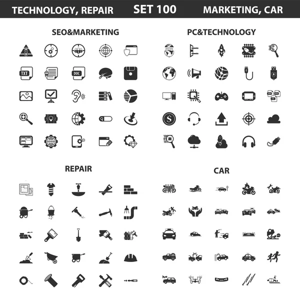 Seo, marketing set 100 black simple icons.Pc, technology, car, repair icon design for web and mobile. — Stockový vektor