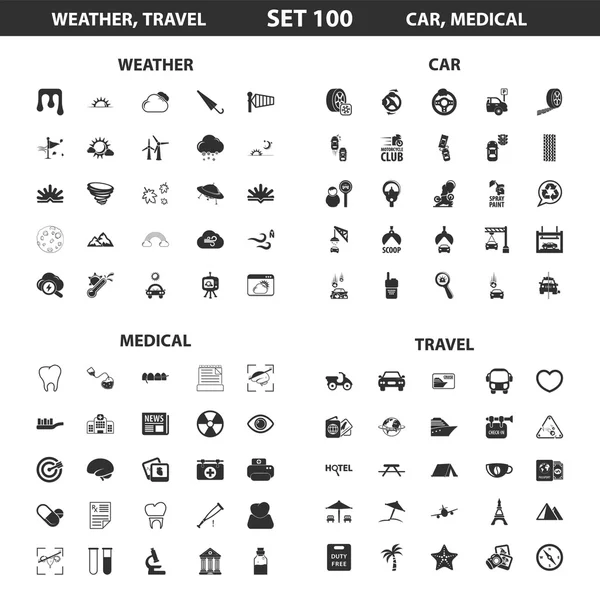 Weather, car set 100 black simple icons. Travel, medical icon design for web and mobile. — Stockový vektor