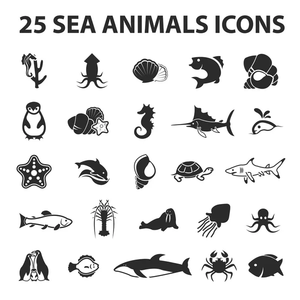 Mar, animal, pescado 25 iconos negros simples. Nueva colección de 25 peces modernos, tiburones, ballenas iconos — Archivo Imágenes Vectoriales
