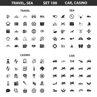 Travel, sea, casino set 100 black simple icons. Car, hotel icon design for web and mobile.