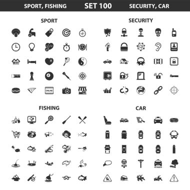Sport, fitness, fishing set 100 black simple icons. Security,car icon design for web and mobile.