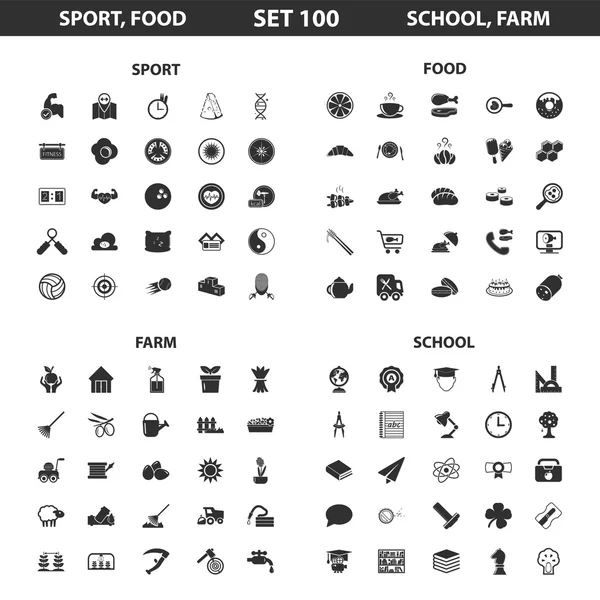 Deporte, fitness, set escolar 100 iconos negros simples. Alimentos, granja, diseño de iconos de jardinería para web y móvil . — Vector de stock