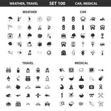 Weather, car set 100 black simple icons. Travel, medical icon design for web and mobile.