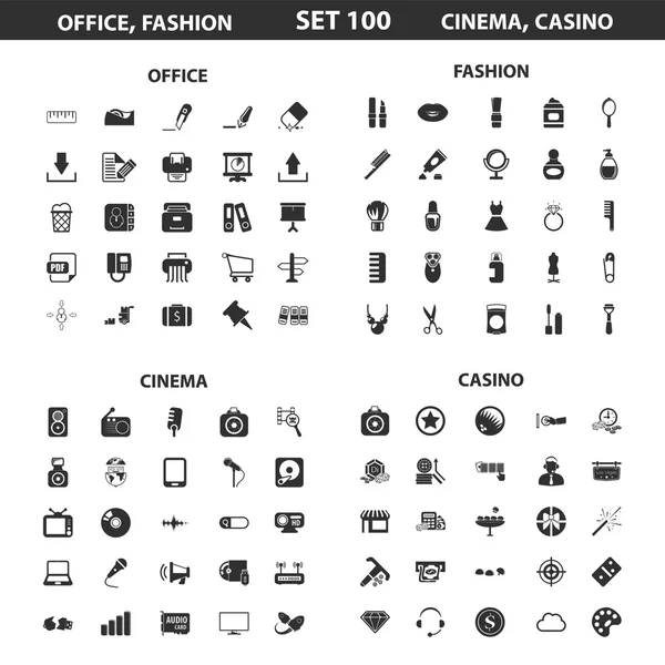 Office, fashion set 100 black simple icons. Fashion, cinema, casino icon design for web and mobile. — Stockový vektor