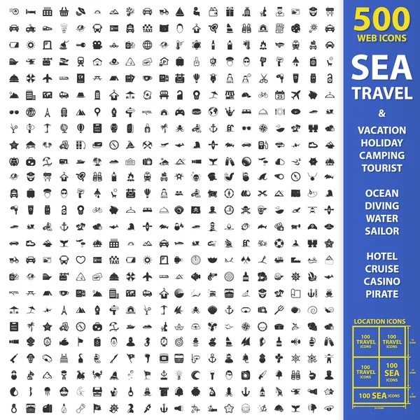 Sea, travel, vacation set 500 black simple icons. Holiday, camping, tourist icon design for web and mobile. — Stock Vector