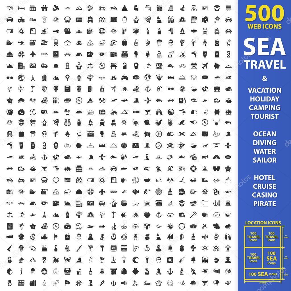 Sea, travel, vacation set 500 black simple icons. Holiday, camping, tourist icon design for web and mobile.