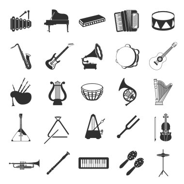 Müzik aletleri 25 siyah basit simgeler ayarlayın. Müzik ekipman simgesi tasarım web ve mobil için.