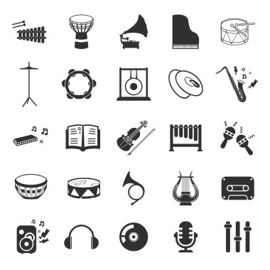 Müzik aletleri 25 siyah basit simgeler ayarlayın. Müzik ekipman simgesi tasarım web ve mobil için.