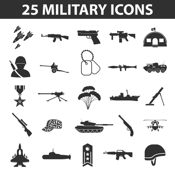 Conjunto militar 25 iconos negros simples. Ejército y diseño de icono de arma para web y móvil . — Vector de stock