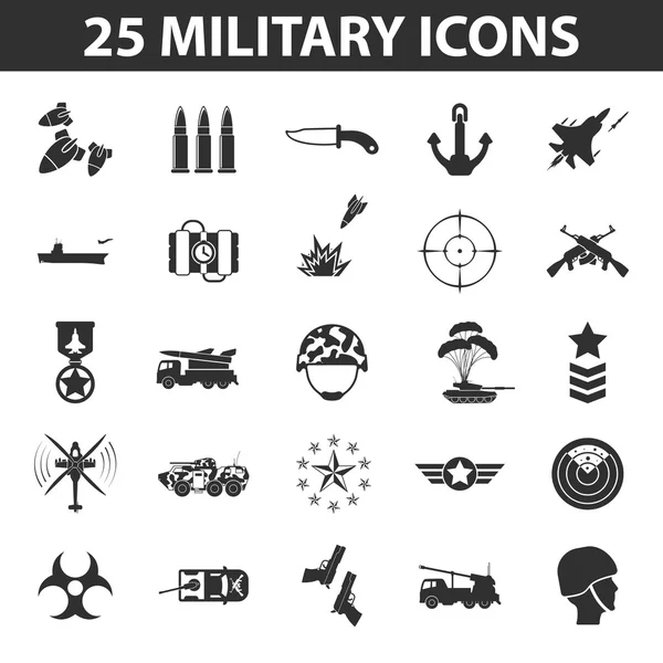Set militare 25 semplici icone nere. Progettazione di icone dell'esercito e dell'arma per web e mobile . — Vettoriale Stock