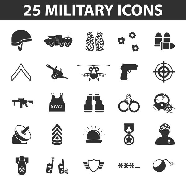 Military set 25 black simple icons. Army and weapon icon design for web and mobile.