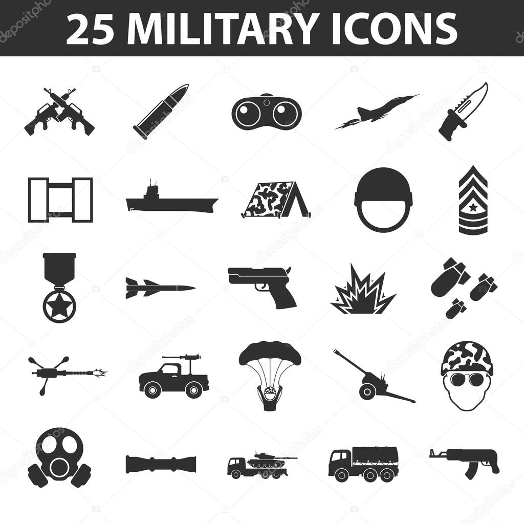Military set 25 black simple icons. Army and weapon icon design for web and mobile.