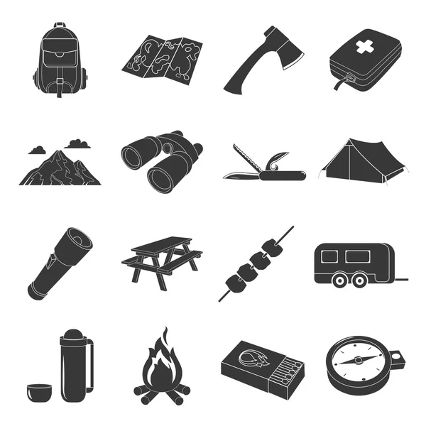 Camping set vector icons. Collection of tourist, camp, travel icons. — Stock Vector