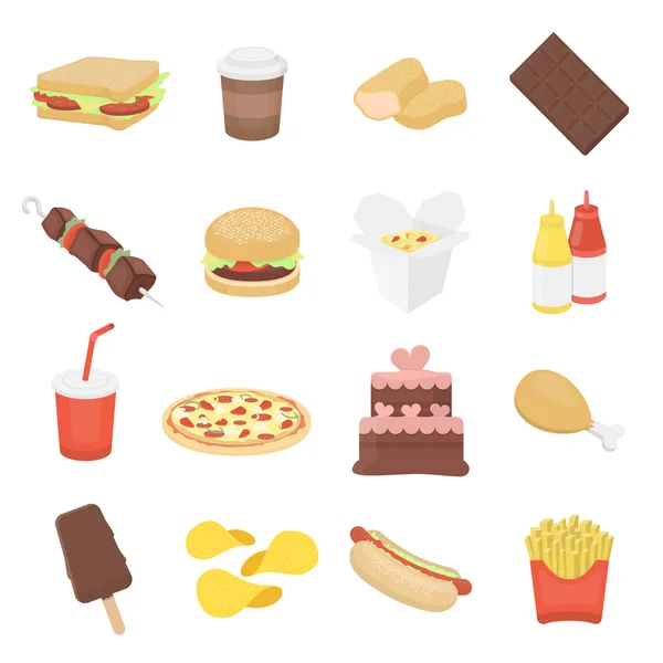 Fast food 16 icone vettoriali impostate in stile cartone animato . — Vettoriale Stock