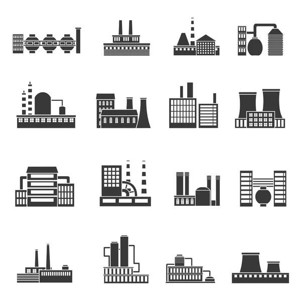 Fabriek elektriciteit industrie manufactory gebouwen machtsverzameling van vector iconen in simpel zwart — Stockvector