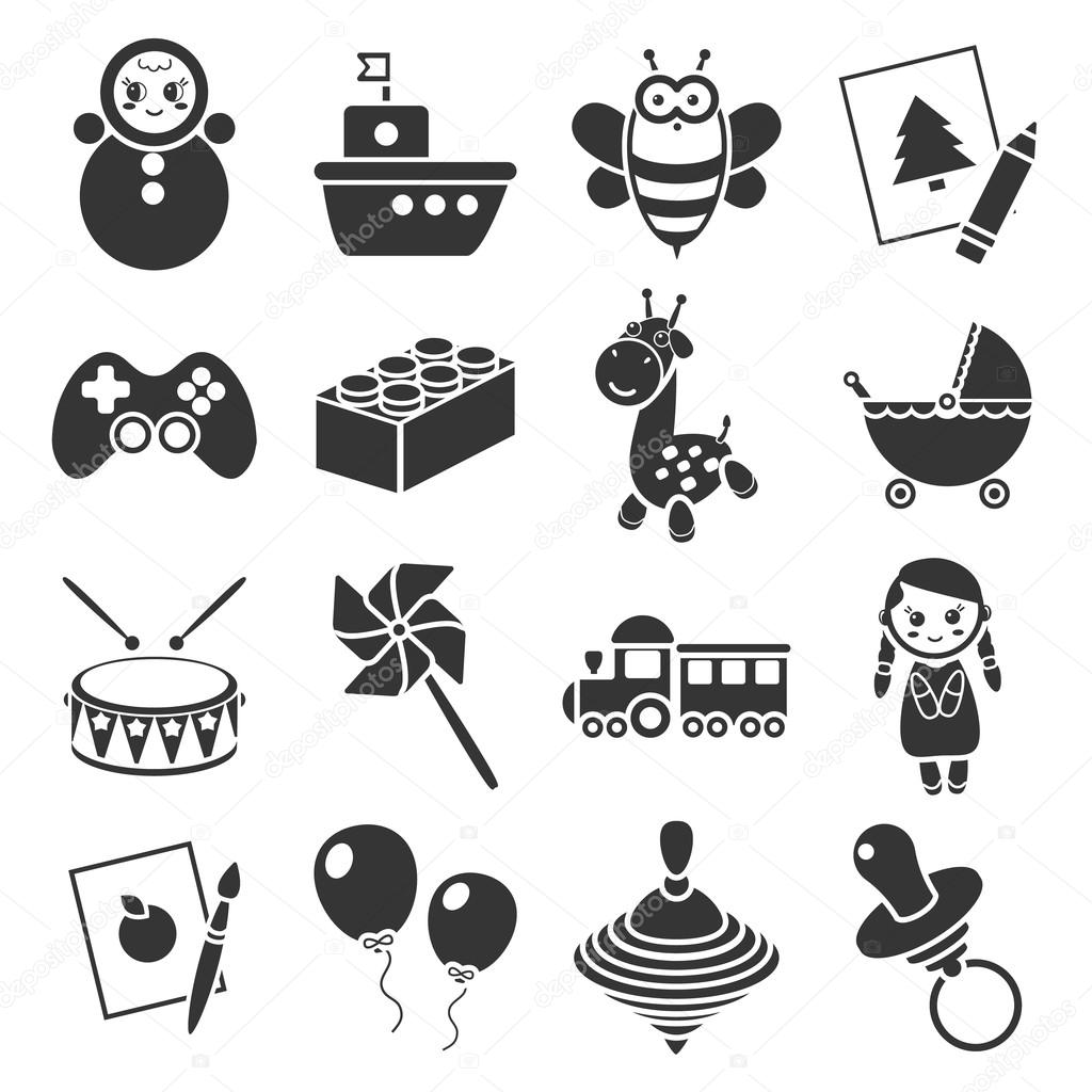 Toys 16 black simple icons set for web