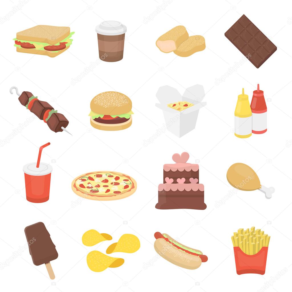 Fast food 16 vector icon set in cartoon style for web design.