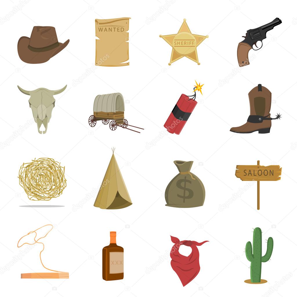 Western 16 vector icons set in cartoon style.