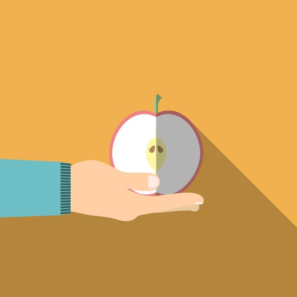 Рука держит яблоко в плоском дизайне на заднем плане — стоковый вектор