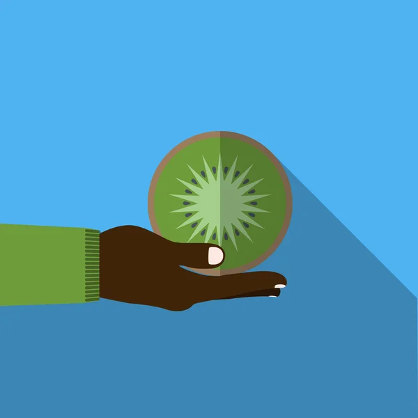 Hand holding kiwi in platte ontwerp op achtergrond — Stockvector
