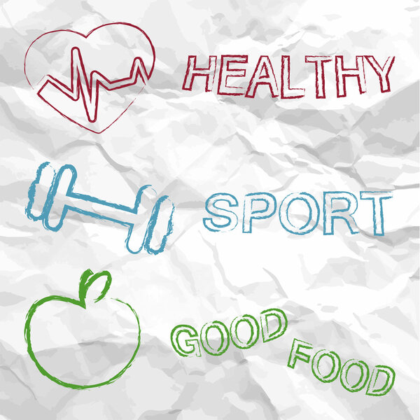 healthy, sport, food on a creased paper