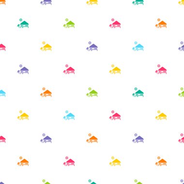 Tropikal yaz vektör çizim - palmiye ağacı ve sahil evi