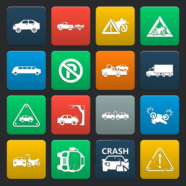 Coche, accidente 16 iconos simples establecidos para la web — Vector de stock