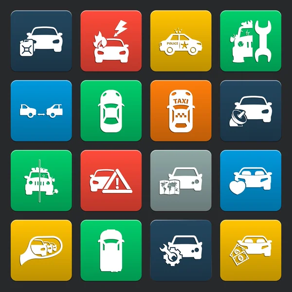 Coche, accidente 16 iconos simples establecidos para la web — Vector de stock