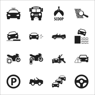 Araba, kaza 16 siyah basit simgeler web için ayarla.