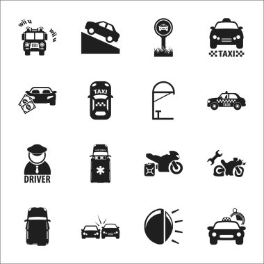 Araba, kaza 16 siyah basit simgeler web için ayarla.