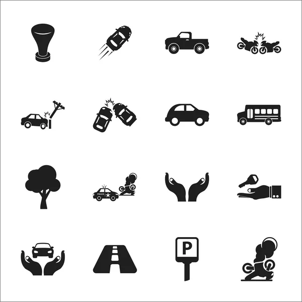 Bil, olycka 16 svarta enkla ikoner anger för webben — Stock vektor