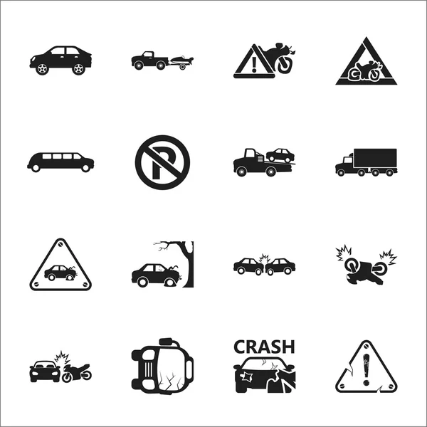 Samochód, wypadek 16 czarny prostych ikon zestaw dla sieci web — Wektor stockowy